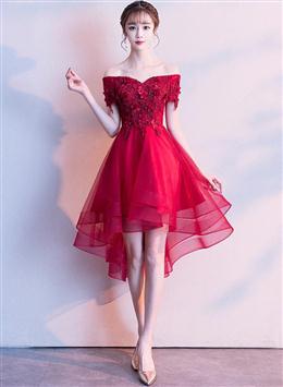 Picture of Red Color High Low Lace Flowers Tulle Off Shoulder Party Dresses, Red Color Party Dresses Formal Dress